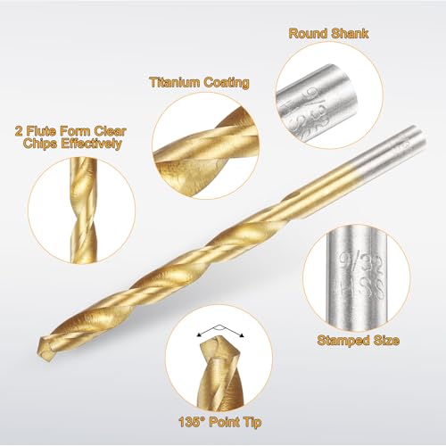 uxcell 12pcs Titanium Twist Drill Bit 9/32" Drilling Dia High Speed Steel Drills for Hardened Metal, Stainless Steel, Cast Iron, Wood, Plastic - size: 9/32 inch