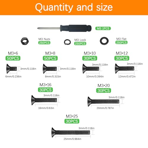 1001 Pcs M3 Countersunk Screws Assortment Kit, Flat Head Machine Screws Phillips Bolts Nuts Washers Assortment Kit with Screwdriver for Electronics, Machinery - M3x6/8/10/12/16/20/25mm - size: M3x6/8/10/12/16/20/25-1001Pcs