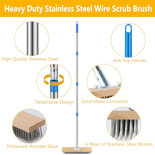 Stainless Steel Deck Brushes for Scrubbing Heavy Duty, 65" Deck Scrub Brush with Long Handle - Concrete Scrub Brush Stiff Metal Bristle Concrete Brush for Cleaning Moss Patio Garage Garden Pool Floor