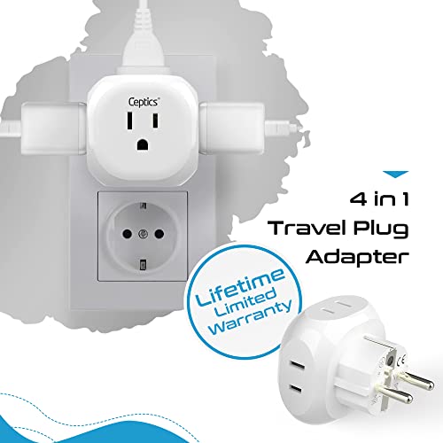 Ceptics Europe Travel Adapter Plug Set Schuko - 4 Input - Ultra Compact - Light Weight Type C, Type E/F - USA to Any Type C E/F Countries Such as Germany, France- 4 Pack (PT-9-9C-4PK),White - size: 4 Pack, style: Type C , E/F - European 2 pack set
