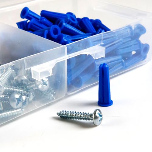 Skywalker Conical Anchor Kit Pan Head Screws with Blue Plastic Anchors & Drill Bit – Wall Anchor Set – Made in USA (100, #10-1") - size: #10