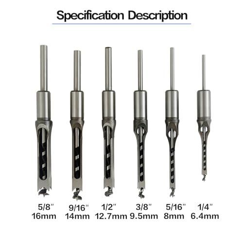 6Pcs Square Mortise Chisel Drill Bit Set 5/8-1/4" 6 Sizes for Woodwork