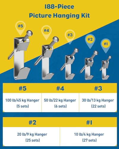 Uniclife 188 Pcs Picture Hanging Kit, 10 lb, 20 lb, 30 lb, 50 lb, 100 lb Heavy Duty Picture Hangers for Drywall & Wood, Picture Hanging Hooks, Frame Hooks for Hanging Photos Mirrors Paintings Silver - size: 188 Pcs, style: Silver