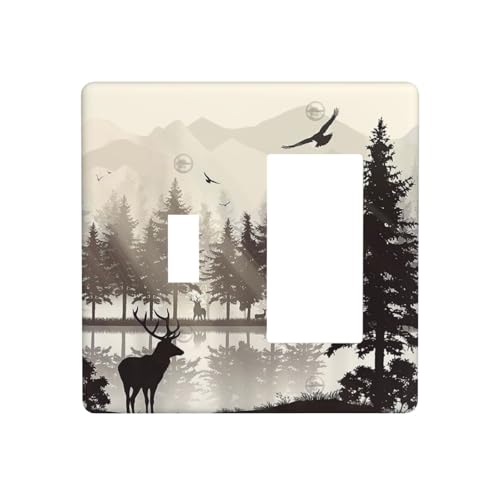 Retro Rustic Deer Forest Lake Pine Tree Silhouette Outlet Covers 1 Toggle 1 Rocker Combination Decorative Wall Plate Electrical Switch Plates Light Switch Cover Plate for Farmhouse Living Room Decor - color: Retro Rustic Deer Forest Lake Pine Tree Silhoue