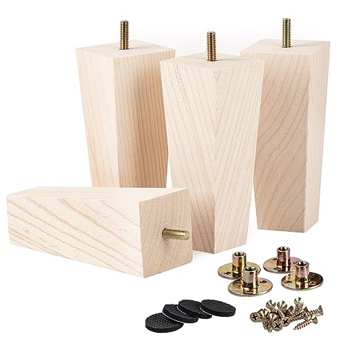 4 inch Unfinished Ash Wood Furniture Legs, LAVANE Set of 4 Mid-Century Modern Pyramid Wooden Replacement Feet with Pre-Drilled 5/16 Inch Bolt & Mounting Plate for Sofa Couch Bed Armchair Ottoman | Unfinished Ash Wood with Straight Grain, 400lb Load Capaci