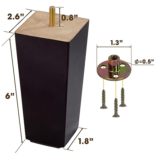 BARIEN (5 Sizes: 3"- 4"- 5"- 6"- 8") 6 inch Wood Furniture Legs - Square Sofa Legs, Couch Leg - Brown Mid-Century Modern Replacement Legs for Armchair Recliner Coffee Table Dresser (6" - Set 4) - size: 6"