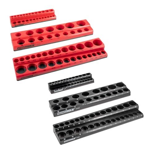 OEMTOOLS 22460 6-Pc Metric & SAE Magnetic Socket Tray Set Holds 143 Sockets | Magnetic Socket Organizer Tray, Non-Marring Rubberized Base, Clearly Marked Sizes, 1/4, 3/8, 1/2 Inch Sockets - style: 6Pc Red & Black