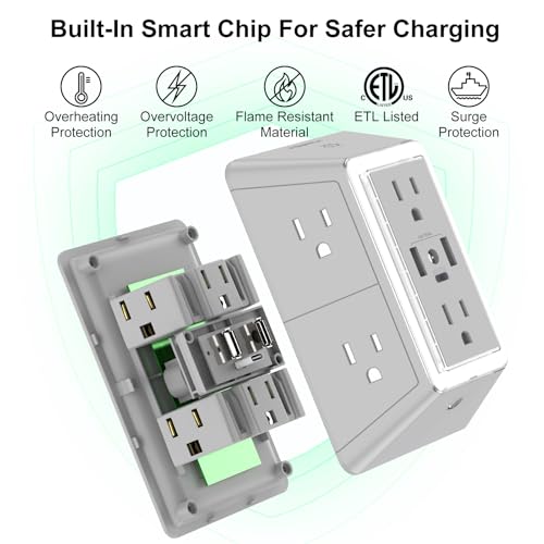 Multi Plug Wall Outlet Night Light, POWRUI 6 Outlet Extender & 3 USB Ports - color: Grey(6Outlets/Night Light), size: 2U1C