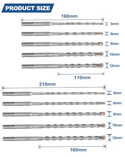 HIGHDRIL Concrete Drill Bit Set - 10Pcs 3/16" X2, 1/4" X3, 5/16" X2, 3/8" X2, 1/2" (6-inch and 8-inch Lengths) Carbide Masonry Drill Bit Kit, Hammer Drill Bits for Concrete, Brick, Stone, Granite - size: Kit 3