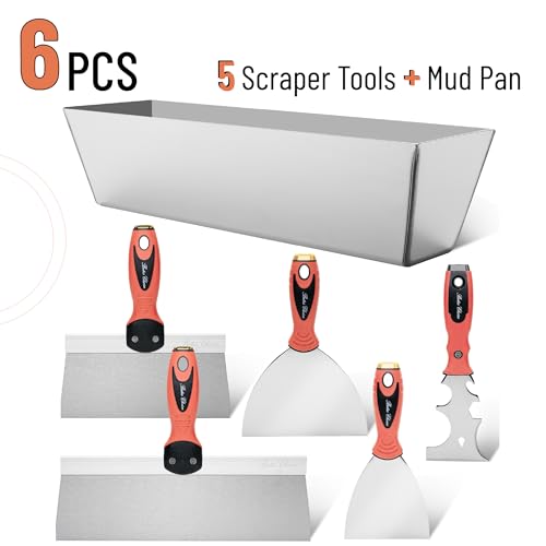 Bates- Drywall Hand Tool Kit, 6pcs, 3" 4" 6" 8" 12", Stainless Steel Drywall Tool with Metal Hammer End, Putty Knife Set, Taping Knives, 12.5" Mud Pan for Joint Taping, Finishing and Patching - color: Orange