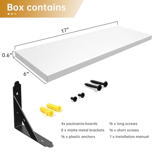 ROMGUAR CRAFT Wood Wall Floating Shelves Set of 4, 17" x 6" - Black - color: White, size: 17" x 6"