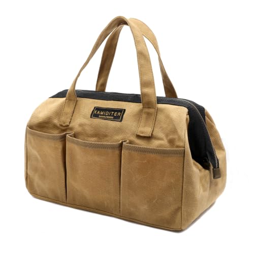 Tool Tote, 13-inch Heavy Duty Waxed Canvas Wide Mouth Tool Bag, Open Top tool Pouch with Handle for Tools, Wrenches, Screwdrivers (13 X 7 X 9 inch) | Khaki - color: Khaki, size: 13 Inch