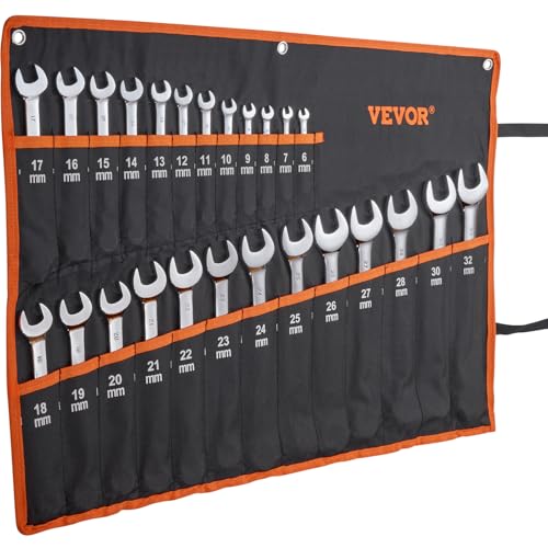 VEVOR 25-Piece Metric Combination Wrench Set, 6-32mm, Open End, Carbon Steel, with Roll-up Pouch, Ideal for Household, Garage, Workshop, Auto Repairs - size: 25PCS (Metric), style: Regular