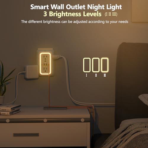 Wall Outlet Extender with Night Light, Power Plug Adapter 6 Outlet Extender with 4 USB Charging Ports 1050J Power Strip Multi Plug Adapter Spaced for Home Travel Office (2U2C)-ETL - color: White-1Pcs