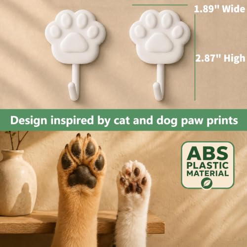 Cute Paw Self Adhesive Wall Hooks, Decorative Hooks for Walls No Damage 4lb | Small White Stick on Hooks for Keys, Dog Leashes, Towels and Bags, Ideal for Bathrooms, Kitchens, Entryways, Closets and RVs