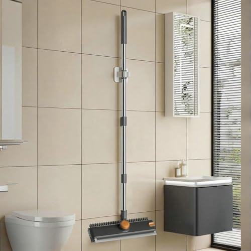 Floor Scrub Brush with Squeegee Long Handle 3 in 1 tub Brush 52'' 2026 Upgraded Multi-Functional Stiff Bristle Cleaning Scrub Brush Rotating Tile Brush for Cleaning Bathroom Patio, Pool, Garage - color: Black
