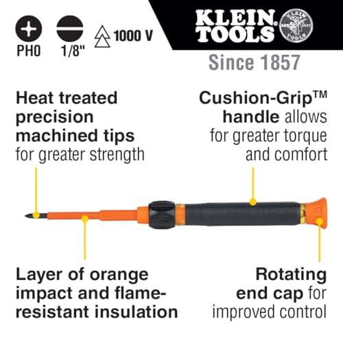 Klein Tools 32581INS Precision Screwdriver, 2-in-1 Insulated Screwdriver with No. 0 Phillips and 1/8-Inch Slotted Bits - style: 2-in-1 Insulated