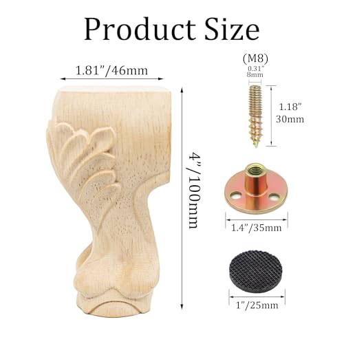 4Pcs Solid Unfinished Wood Furniture Legs European Style Carving Replacement Feet for Sofa Cabinet Wardrobe Loveseat Couch Ottoman Coffee Table 4 Inch - color: A