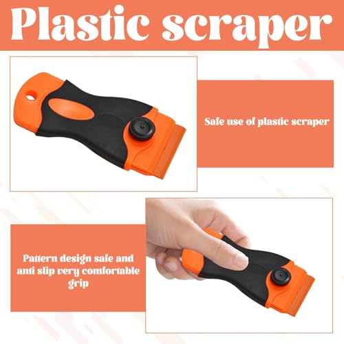 Plastic Scraper Tool with 10 Razor Blades, Orange and Black, Anti-Slip Grip Handle, Paint and Adhesive Remover for Glass Window Car Surface, 4.3 Inch Length