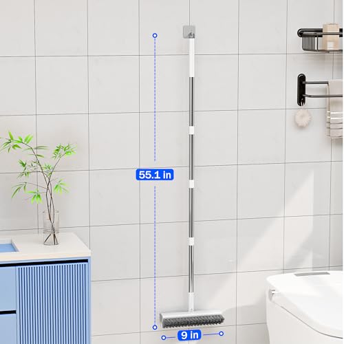 Grout Brush with Long Heavy Duty Handle, 180° Swivel Floor Scrub Brush, V-Shaped Grout Line Scrubber with Stiff Bristles, Cleaning Brush for Deep Cleaning Tile Grout, Shower, Kitchen, and Concrete