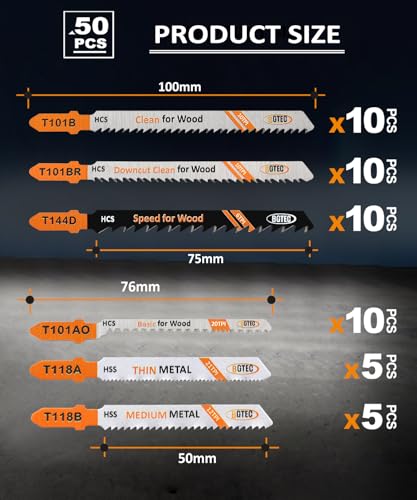 BGTEC 50PCS T Shank Jigsaw Blades Set - HCS/HSS Jig Saw Blades - size: T118A-T144D, style: 50 PCS