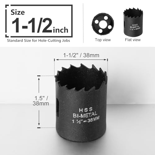 1-1/2 Inch Hole Saw with 1/2" Triangle Shank Quick Change Arbor, JTemgle Bi-Metal Hole Saw Heavy Duty Hole Cutting Tool for Cornhole Boards, Recessed Lights, Wood, Plastic, Drywall & Soft Metal - size: 1-1/2", 38mm Cutting Depth
