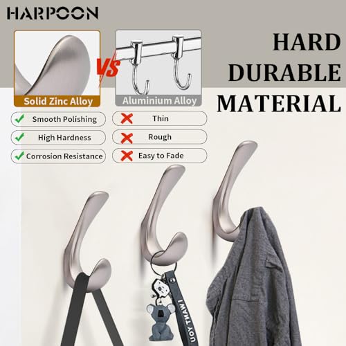 HARPOON 5 Pack Heavy Duty Hook, 3.5 Inch Wall Mounted Rustproof Coat Hook, Utility Hooks for Coat, Scarf, Bag, Towel, Key, Cap, Cup, Hat, Satin Nickel - color: Satin Nickel