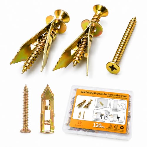 Jyphorixal 120 PCS Self Drilling Drywall Anchors with Screws Kit, Heavy Duty Metal Wall Anchors for Drywall, Sheetrock Anchors 0.47x1.57inch with Screws, No Drill Dry Wall Anchors and Screws Kit - size: 120Pcs 0.47X1.57inch