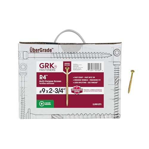 GRK Fasteners R4#9 x 2-3/4 Inch, Multi-Purpose Framing Screws, 2000 PCS, Rust Resistant Climatek Coating, Outdoor Fencing and Deck Screws, Fast Bite Tip, Star Drive Recess, Gold - size: #9x2-3/4" 2000 count