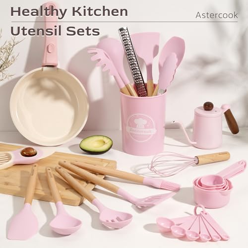 Astercook Kitchen Utensils set, 39 PCS Silicone Cooking Utensils Set with Wooden Handle, 446°F Heat Resistant Food Grade Utensil Sets, BPA Free Kitchen Gadgets Tools Set for Nonstick Cookware (Pink) - color: Pink