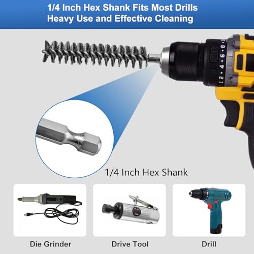 12Pcs Stainless Steel Bore Brush Set,Setwire Brush for Drill, with 8mm-19mmAbrasive Wire Brush , Rust Remover and Pipe Cleaner for Metal Surfaces with 1/4" Hex Shank - style: Stainless steel