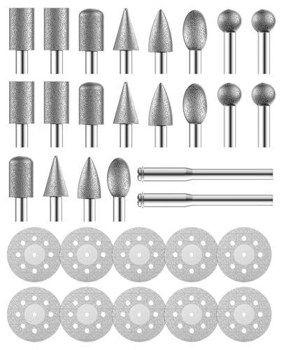 32Pcs Diamond Cutting Wheels and Grinding Bits Set for Dremel - 10Pcs Cutting Discs(22mm), 2Pcs 3mm Mandrel, 20Pcs Drill Bits W/ 1/8" Shank for Rotary Tool - size: 32 Pcs