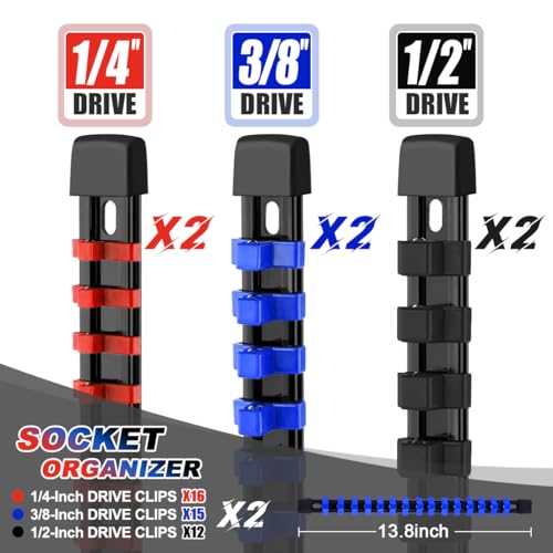 6 Pcs Socket Organizer Rail Set, Premium Socket Holder, Heavy-Duty Socket Rack Kit With 86 Clips 1/4-Inch x 32 Clips, 3/8-Inch x 30 Clips, 1/2-Inch x 24 Clips – Ideal for Tool Storage - size: 6 Pcs