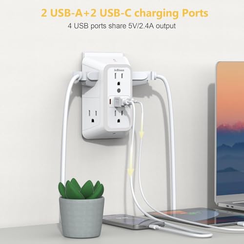 Outlet Extender with Night Light, Multi Plug Outlet Surge Protector,6 Outlet Splitter with 4 USB Outlet (2 USB A,2 USB C) 3 Sided Multi Plug Wall Adapter Power Strip for Home Travel Office 2 Pack - color: White-2Pcs