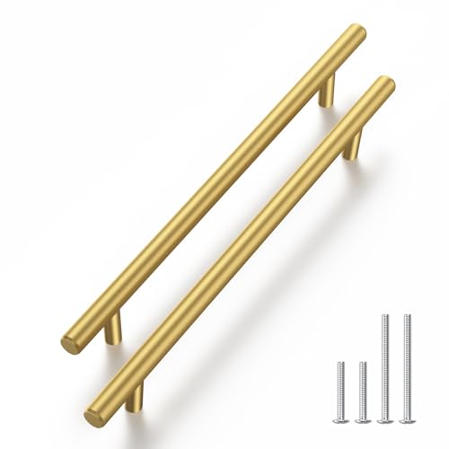 Haliwu 30 Pack 6-1/4in Gold Cabinet Handles for Kitchen Cabinet Handles | Stainless Steel, Gold Handles for Cabinets, Round T-Bar Shape, Brushed Gold Cabinet Pulls, Screws Included - size: 6-5/16 inch hole center