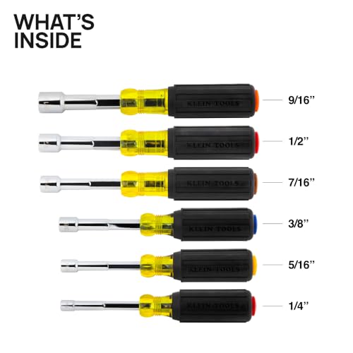 Klein Tools 65456 Hollow-Shaft Nut Driver Set, Heavy-Duty, Color-Coded Hex Sizes 1/4 to 9/16-Inch, Cushion-Grip Handles, 6-Piece - size: 6-Piece Set