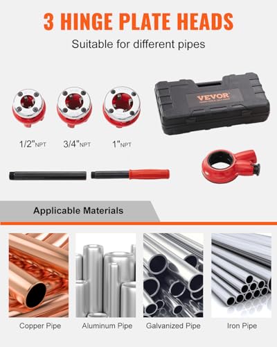 VEVOR Ratchet Pipe Threader Kit with 3 Dies, 1/2" NPT, 3/4" NPT, 1" NPT Ratcheting Pipe Threading Tool, Portable Pipe Threader Set with Storage Case for Plumbing Installation and Repair - size: 1/2" - 1”