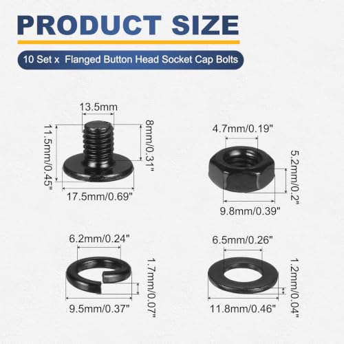 M METERXITY 10 Set M6 x 8mm Flanged Button Head Socket Cap Screws, Black 304 Stainless Steel 18-8 Hex Socket Head Screws Bolts, Nuts, Flat & Lock Washers for DIY, Furniture, Automotive - size: M6 x 8mm