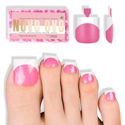 NOVO OVO French Tip Toe Nail Tips press on, ROSE PINK WITH GLITTER Sharp Square Toe Nail Tips Toenail Extension, Need Builder Gel & Top Coat, no Glue, Full Cover Acrylic for DIY 15 Sizes 240 pcs - color: Sharp Square White French Tip Rose Pink