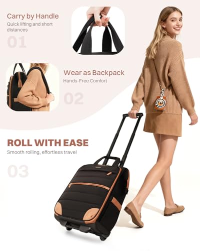 Rolling Puffer Backpack for Women, Travel Backpack with Wheels, 16 Inch Wheeled Laptop Backpck, Dual-Opening Design Overnight College Underseat Carry on Luggage, Roller Business Work Bag, Black Brown - color: Black Brown