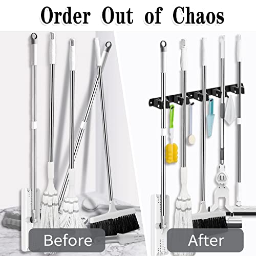 2 Pack Black Broom Holder Wall Mount, 5 Racks 4 Hooks Mop and Broom Holder - color: 5 Racks & 4 Hooks (Black) - 2 Pack