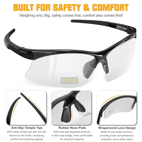 OXG 6 Pack Anti-Fog Safety Glasses, ANSI Z87+ Impact & Scratch Resistant Protective Eyewear for Work, Lab, Construction - color: Clear With Straps