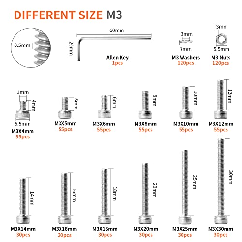 1310PCS M3 x 4/5/6/8/10/12/14/16/18/20/25/30mm Hex Socket Head Cap Screws Bolts and Nuts Flat Washers Assortment Kit, 304 Stainless Steel, Metric Machine Fully Thread, Allen Hex Drive - size: M3 Socket Head (1310PCS)