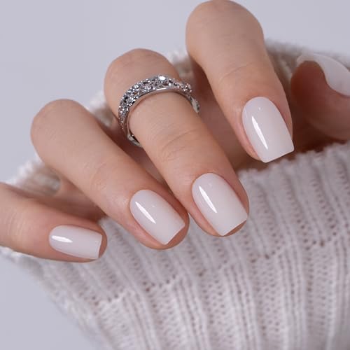 CurvLife Short Square Apricot Design Press On Nails, Milky White, Soft Gel - color: Clean Milky Nude