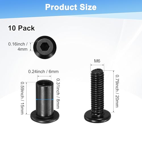 M METERXITY 10-Pack Hex Drive Socket Cap Bolt, M6 x 20mm Carbon Steel Furniture Connector Bolts Barrel Nuts for Furniture Assembly/Cabinet/DIY Binding Post Screws Rivet Fasteners [Black] - size: M6 x 20mm