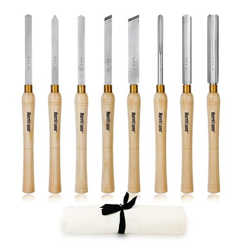 HURRICANE 8pc Wood Lathe Chisel Set, M2 HSS Wood Turning Tools with 10" Solid Hardwood Handles, Lathe Tool Kit for Beginners and DIY Hobbyists, Includes Protective Canvas Pouch - size: 8 pc with Canvas Pouch