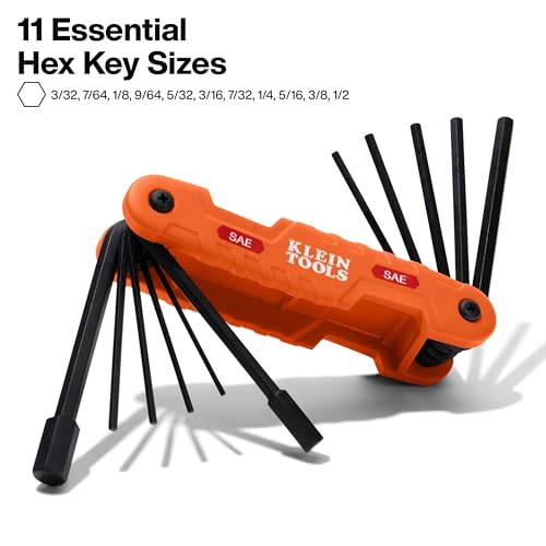 Klein Tools 70550 Hex Wrench Key Set, 11 SAE Sizes, Heavy Duty Folding Allen Wrench Tool with Extra Long Hex Keys - style: 11-Key SAE
