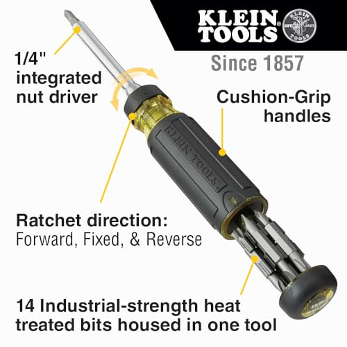 Klein Tools 32305 Multi-bit Ratcheting Screwdriver, 15-in-1 Tool with Phillips, Slotted, Square, Torx and Combo Bits and 1/4-Inch Nut Driver - size: 15-in-1, Standard