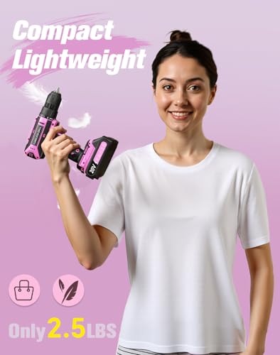 Pink Cordless Drill Set, 20V Max PowerDrill for Women, Lightweight ElectricDrill with Power Pack and Charger, 25 Position and 56 Pcs Accessoires, Womens Drill Tools Kit for House - color: Pink