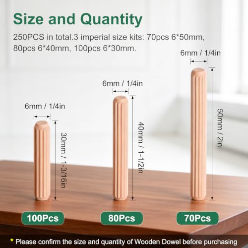250Pcs Wood Dowels Kit 1/4", Wooden Dowel Pins, Fluted Wood Dowels Rods for Crafts, Furniture, DIY Manual - size: 3 sizes -250pcs